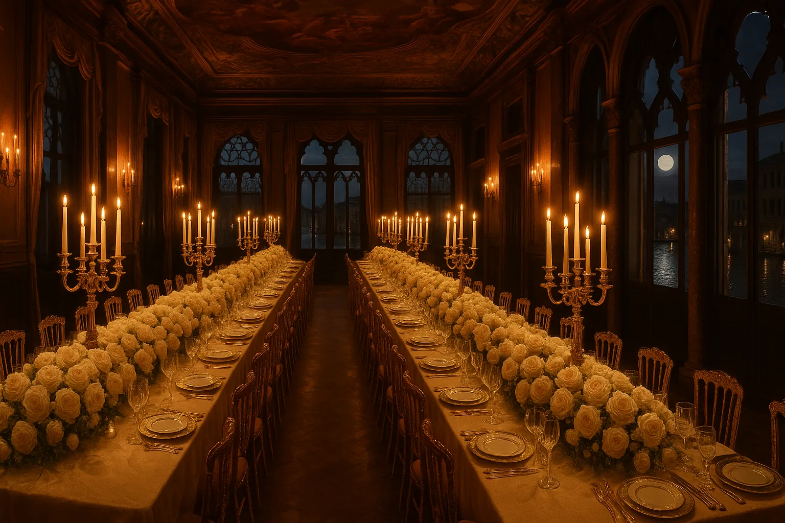Cena de gala opulenta en un palacio veneciano